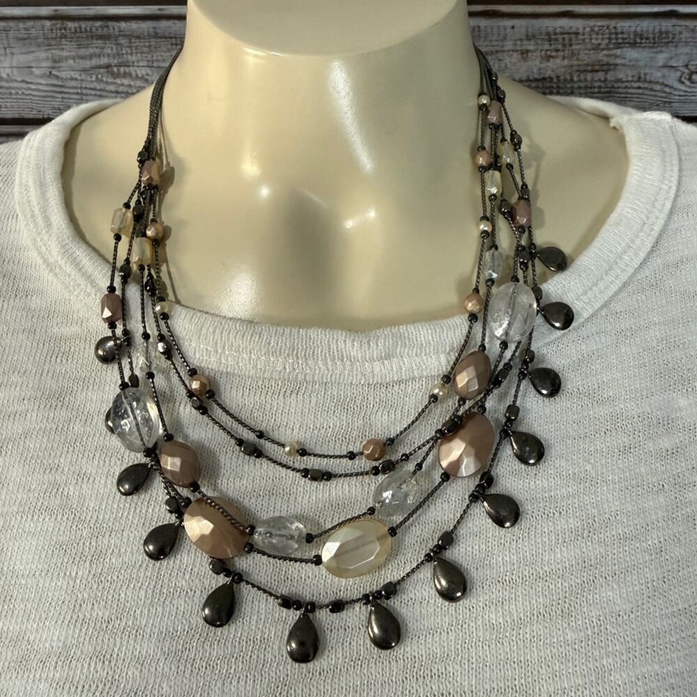 5 strand layered beaded necklace black tone